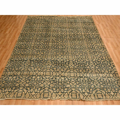 7'8"X8'7" Brown Flower Rosette Motif Undyed Natural Wool Hand Knotted Rug