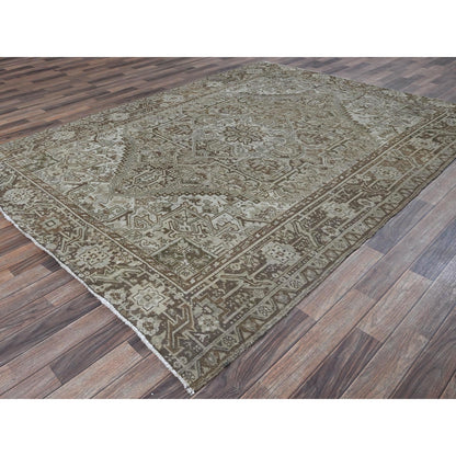7'1"X9'8" Beige Vintage And Worn Zoroastrian Heris Hand Knotted Wool Rug