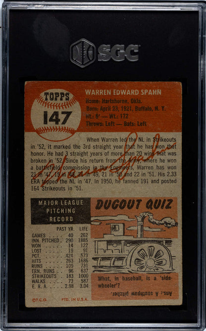 Warren Spahn 1953 Topps Card #147 Sgc 2