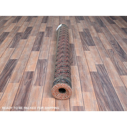 4'1"X6'7" Red Vintage Distressed Senneh Hand Knotted Wide Runner Rug