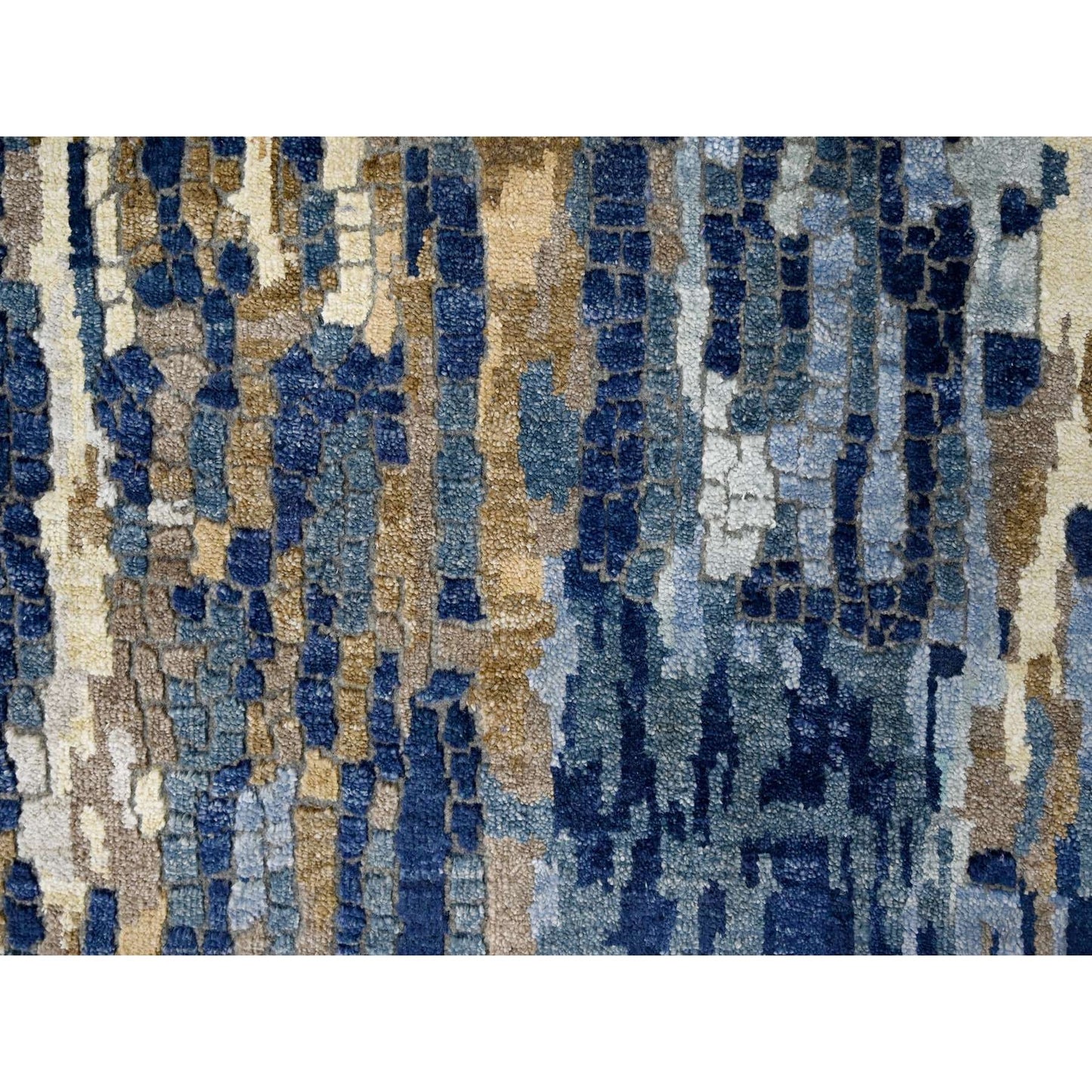 2'7"X15'9" Blue Wool And Silk Modern Mosaic Hand Knotted Xl Runner Rug
