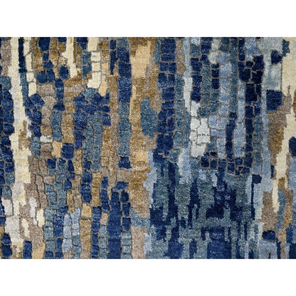 2'7"X15'9" Blue Wool And Silk Modern Mosaic Hand Knotted Xl Runner Rug