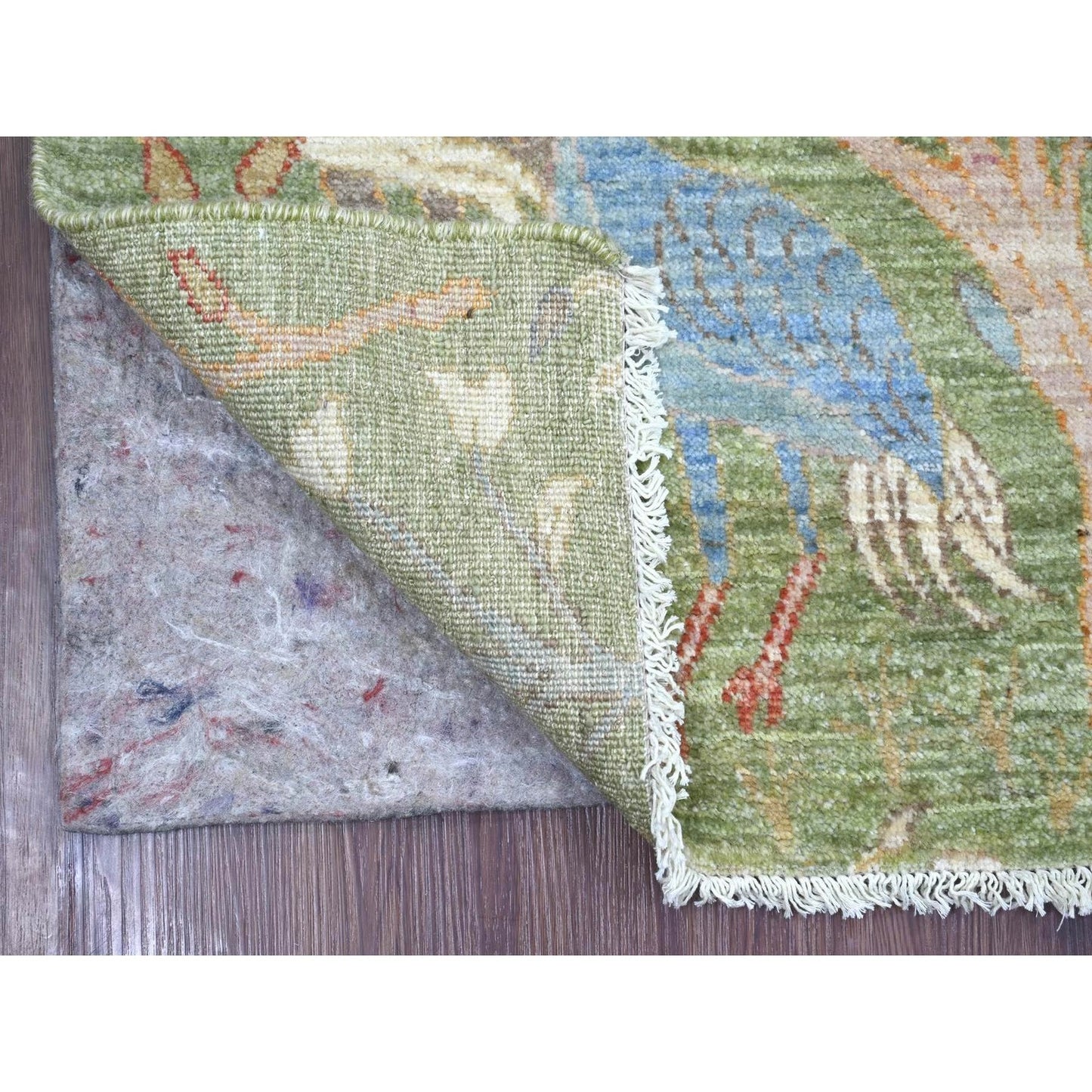 2'7"X8'1" Green Hand Knotted Rug Birds Of Paradise Design Soft Wool Runner