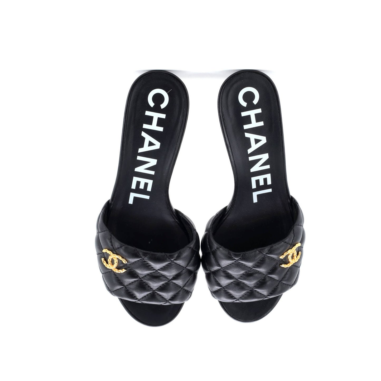 Chanel Women'S Cc Heeled Mule Sandals Quilted Leather