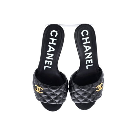 Chanel Women'S Cc Heeled Mule Sandals Quilted Leather