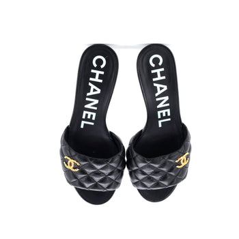 Chanel Women'S Cc Heeled Mule Sandals Quilted Leather