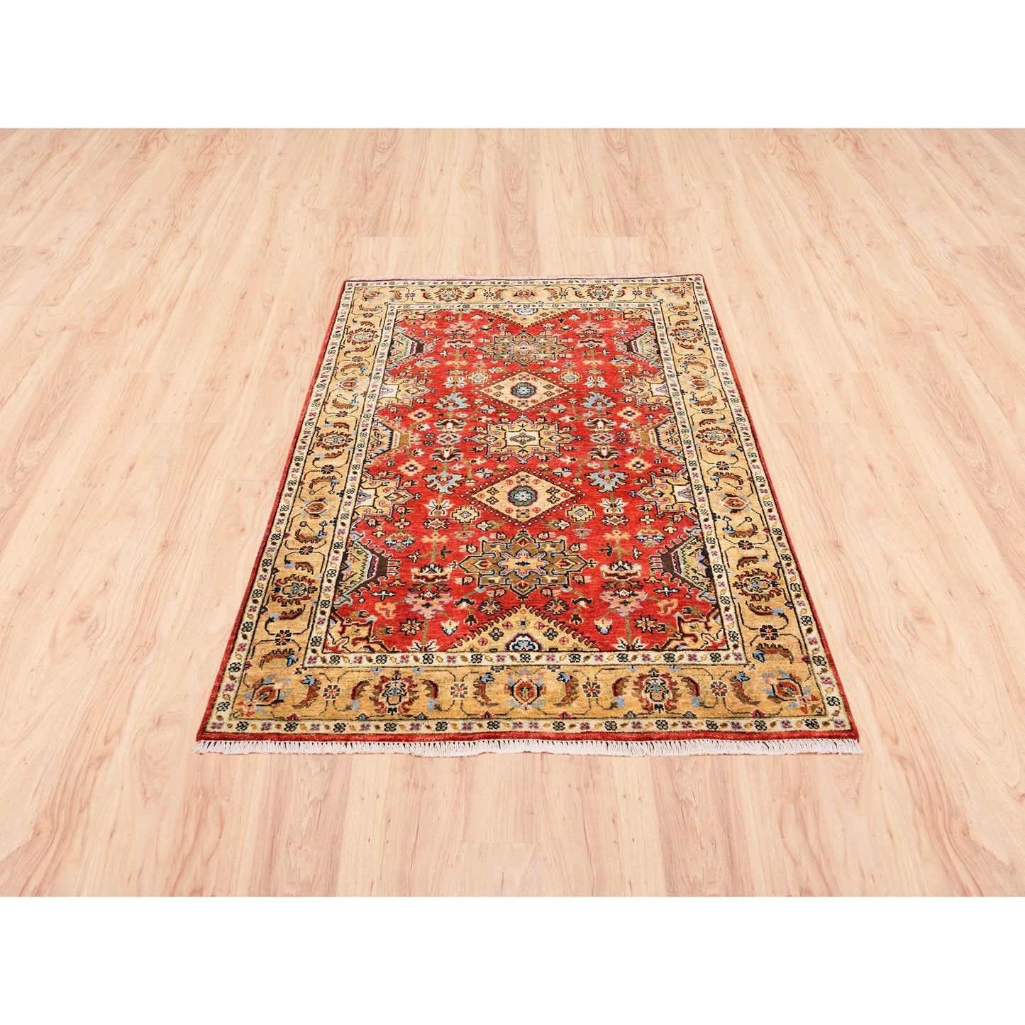 4'1"X6' Red With A Mix Of Gold Karajeh Design Wool Hand Knotted Rug
