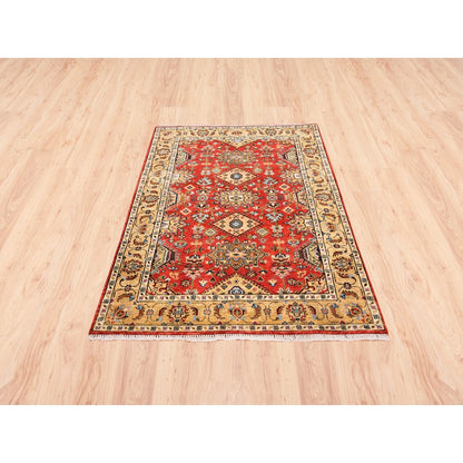 4'1"X6' Red With A Mix Of Gold Karajeh Design Wool Hand Knotted Rug
