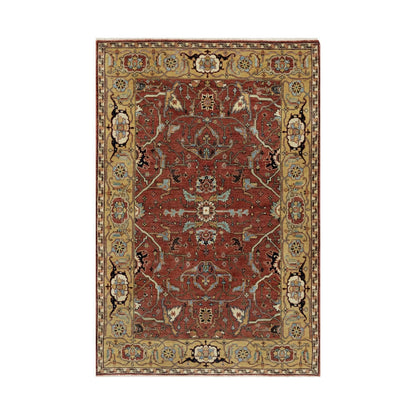 4'2"X6'2" Red Antiqued Fine Heris Re-Creation Hand Knotted Pure Wool Rug