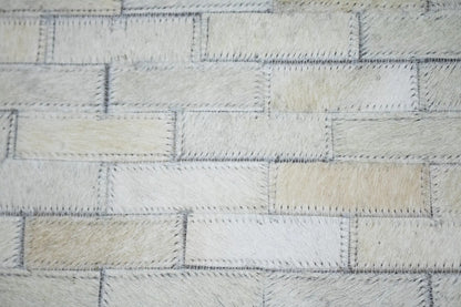 Hand Crafted Beige Brown Cowhide Leather Rug Round Modern Carpet