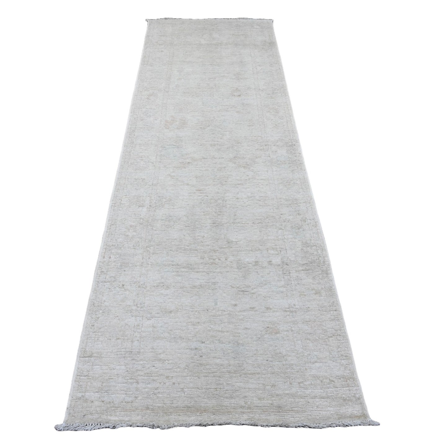 3'X9'7" Medium Gray Afghan Angora Oushak Hand Knotted All Wool Runner Rug