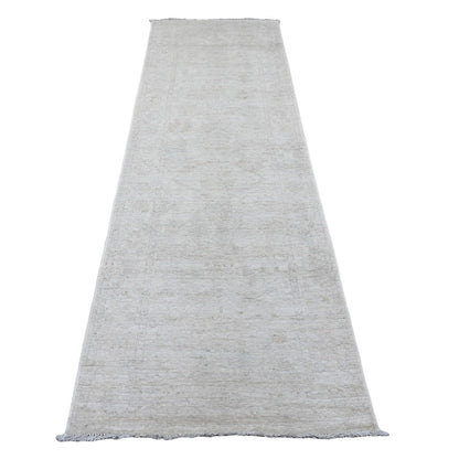 3'X9'7" Medium Gray Afghan Angora Oushak Hand Knotted All Wool Runner Rug