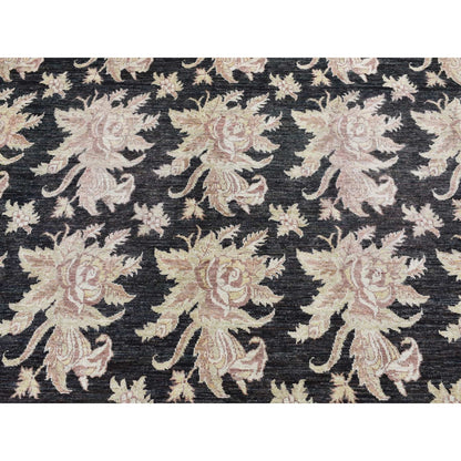 9'1"X12'4" Black Fine Peshawar Design Hand Knotted Pure Wool Rug