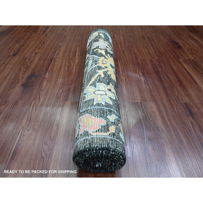 3'X9'8" Black Afghan Angora Oushak Hand Knotted Pure Wool Runner Rug