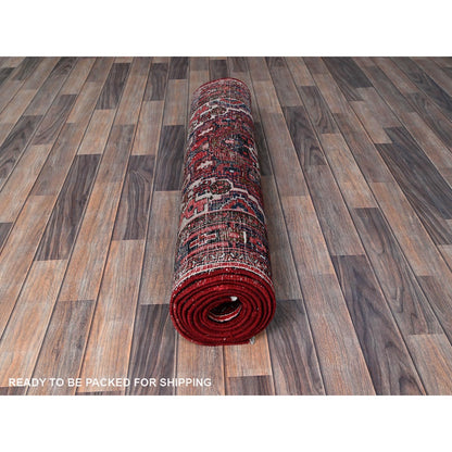 3'6"X11'5" Red Vintage Zoroastrian Heris Pure Wool Hand Knotted Runner Rug