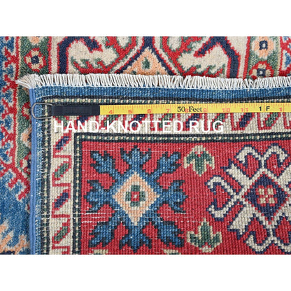 4'1"X6' Blue Kazak With Geometric Design Hand Knotted All Wool Oriental Rug