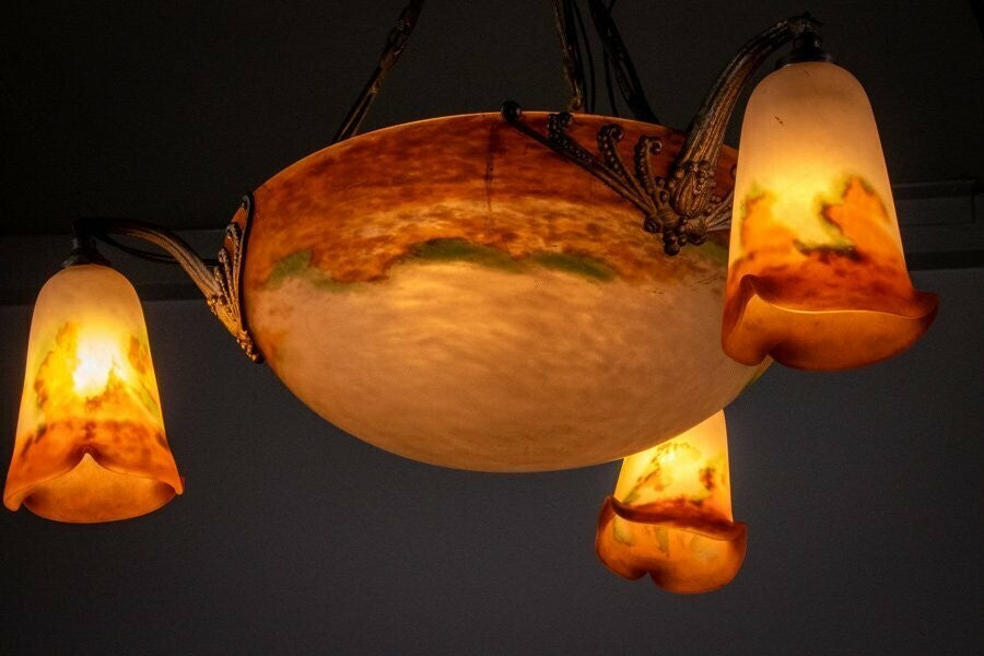 Muller Freres Signed Chandelier Gilt Bronze Art Glass French Art Deco Excellent
