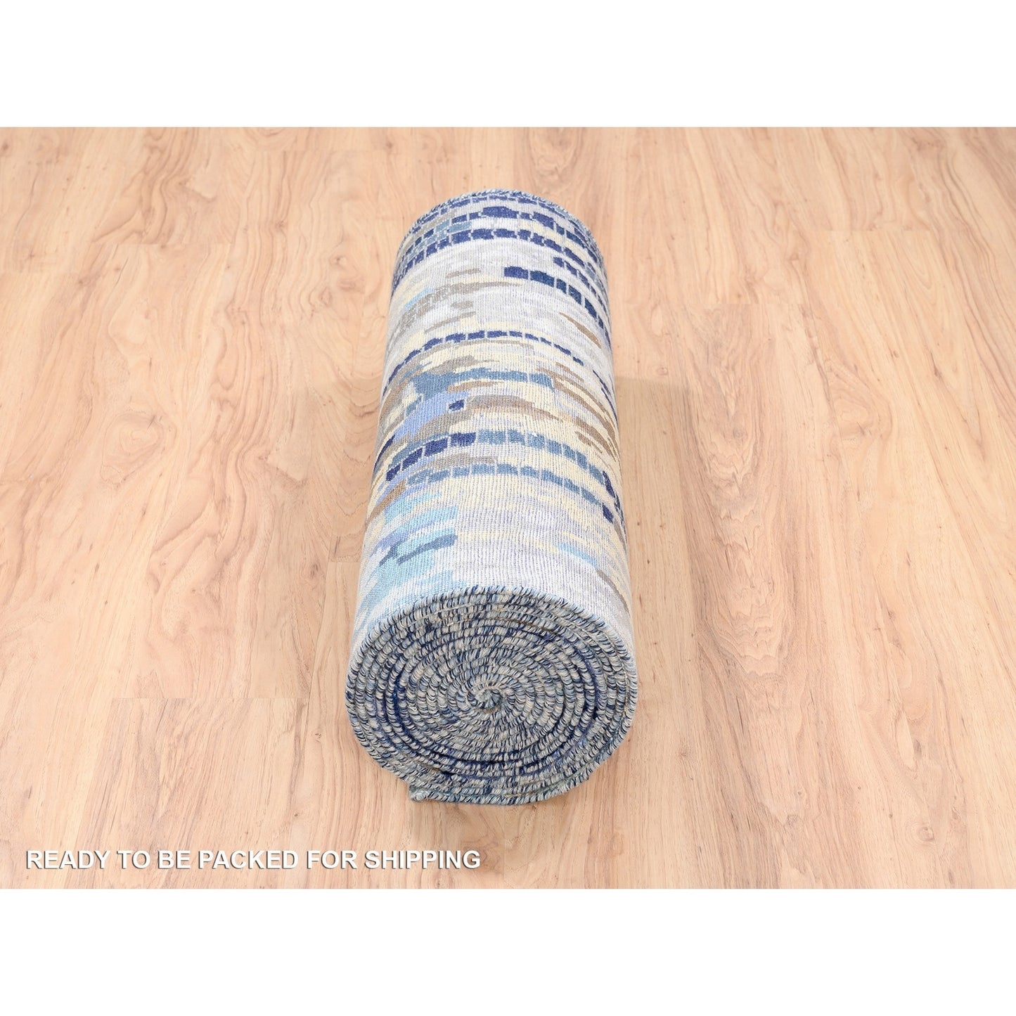 2'7"X19'7" Blue Mosaic Design Wool And Silk Hand Knotted Xl Runner Rug