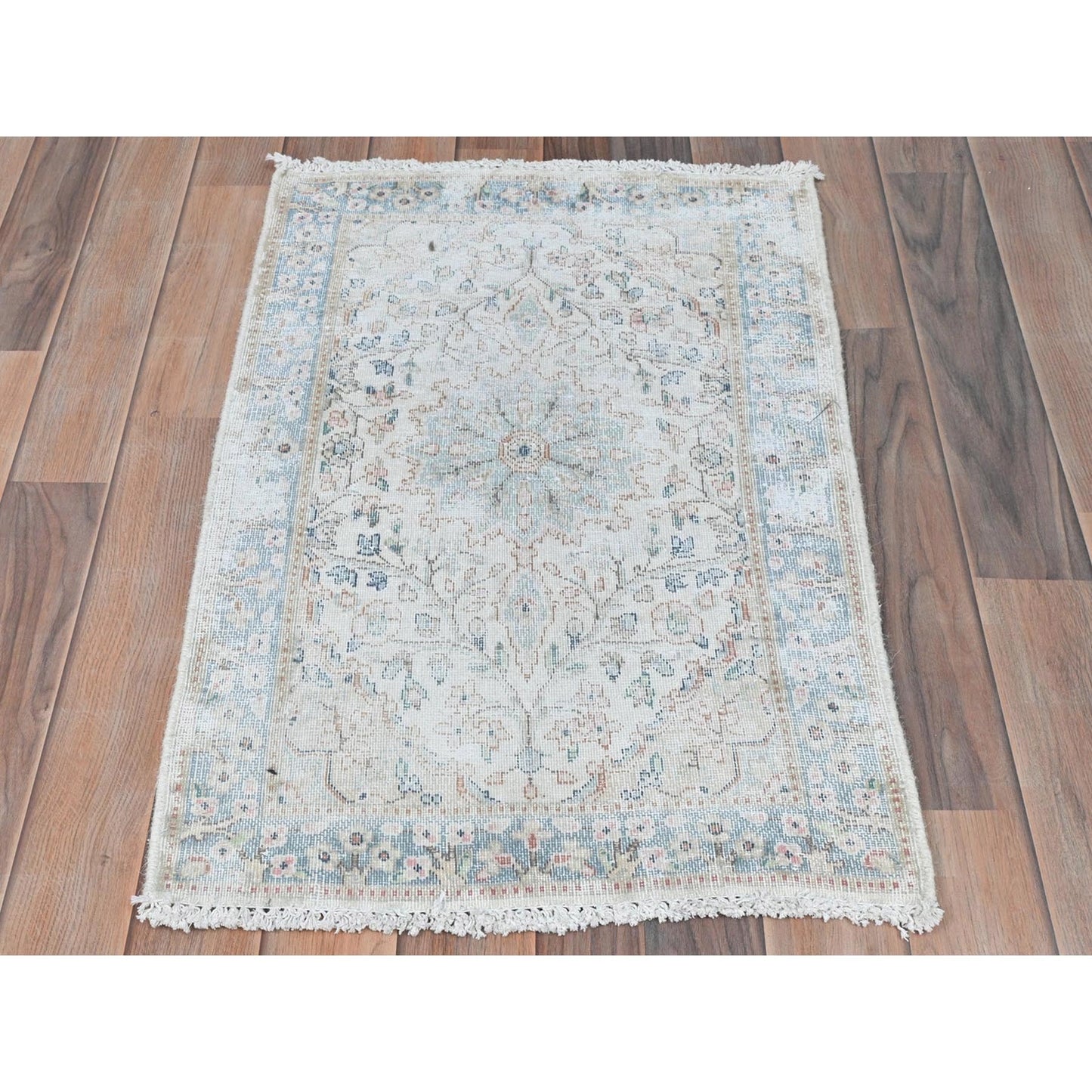 1'10"X2'10" Ivory Hand Knotted Vintage Farsian Karman Worn Wool Mat Rug