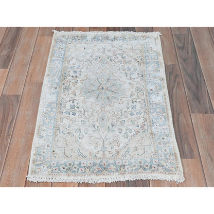 1'10"X2'10" Ivory Hand Knotted Vintage Farsian Karman Worn Wool Mat Rug