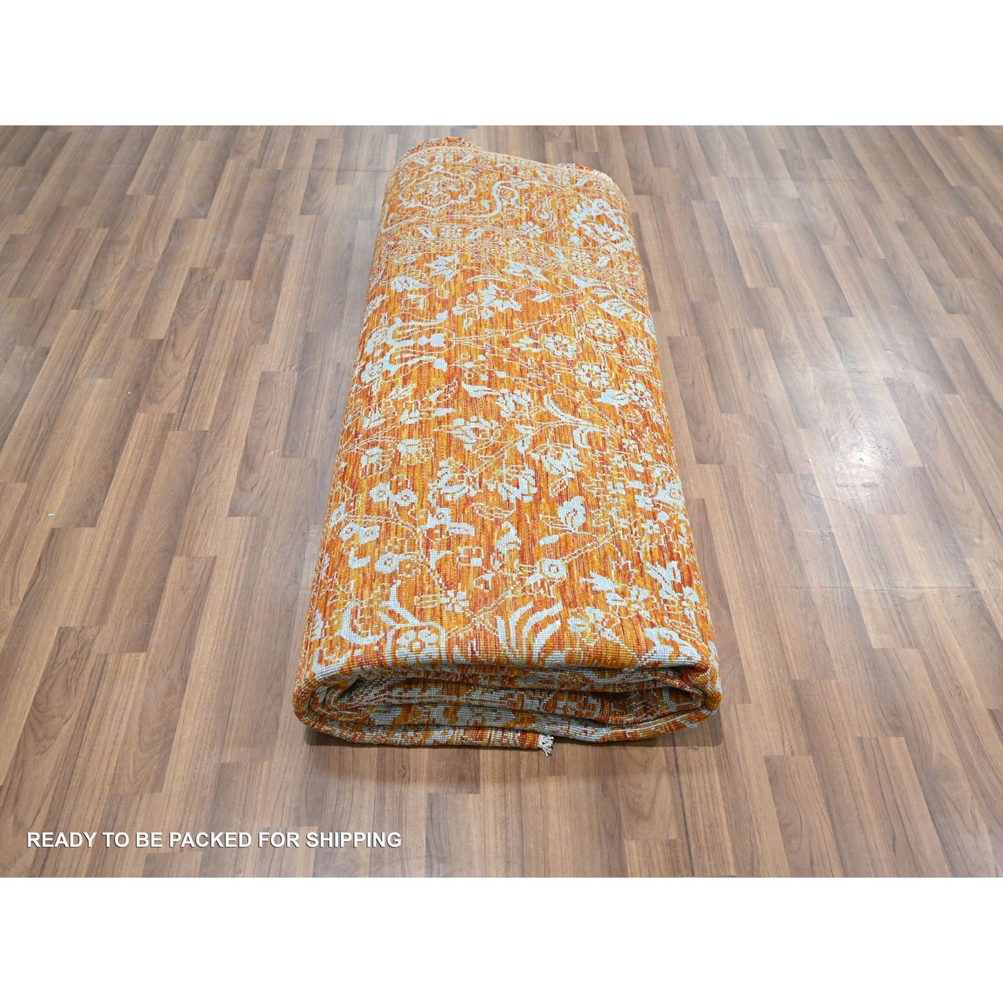 8'X10'4" Orange Zoroastrian Influence Design Wool & Silk Hand Knotted Rug