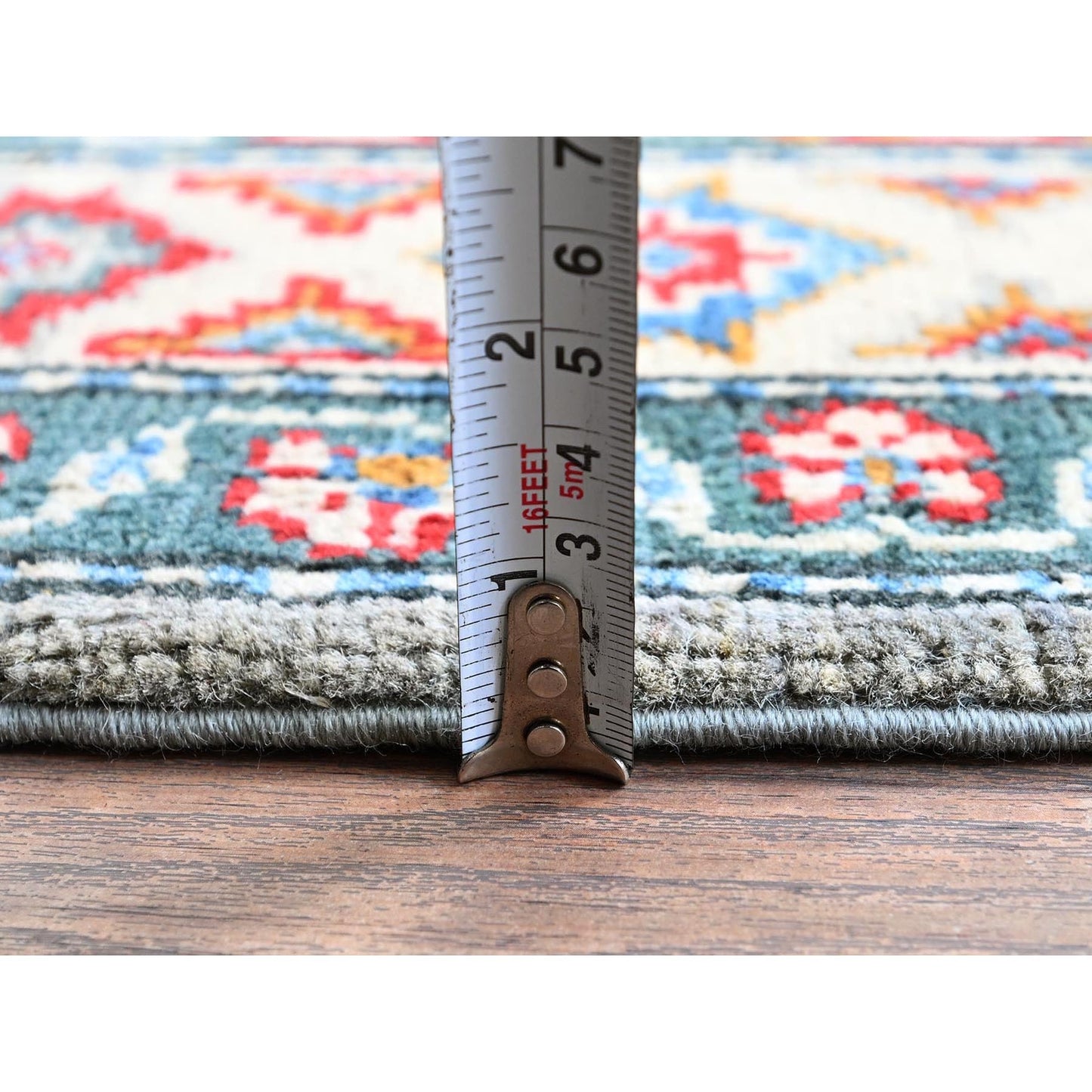 5'1"X7' Gray With Red Kazak Geometric Design Pure Wool Hand Knotted Rug