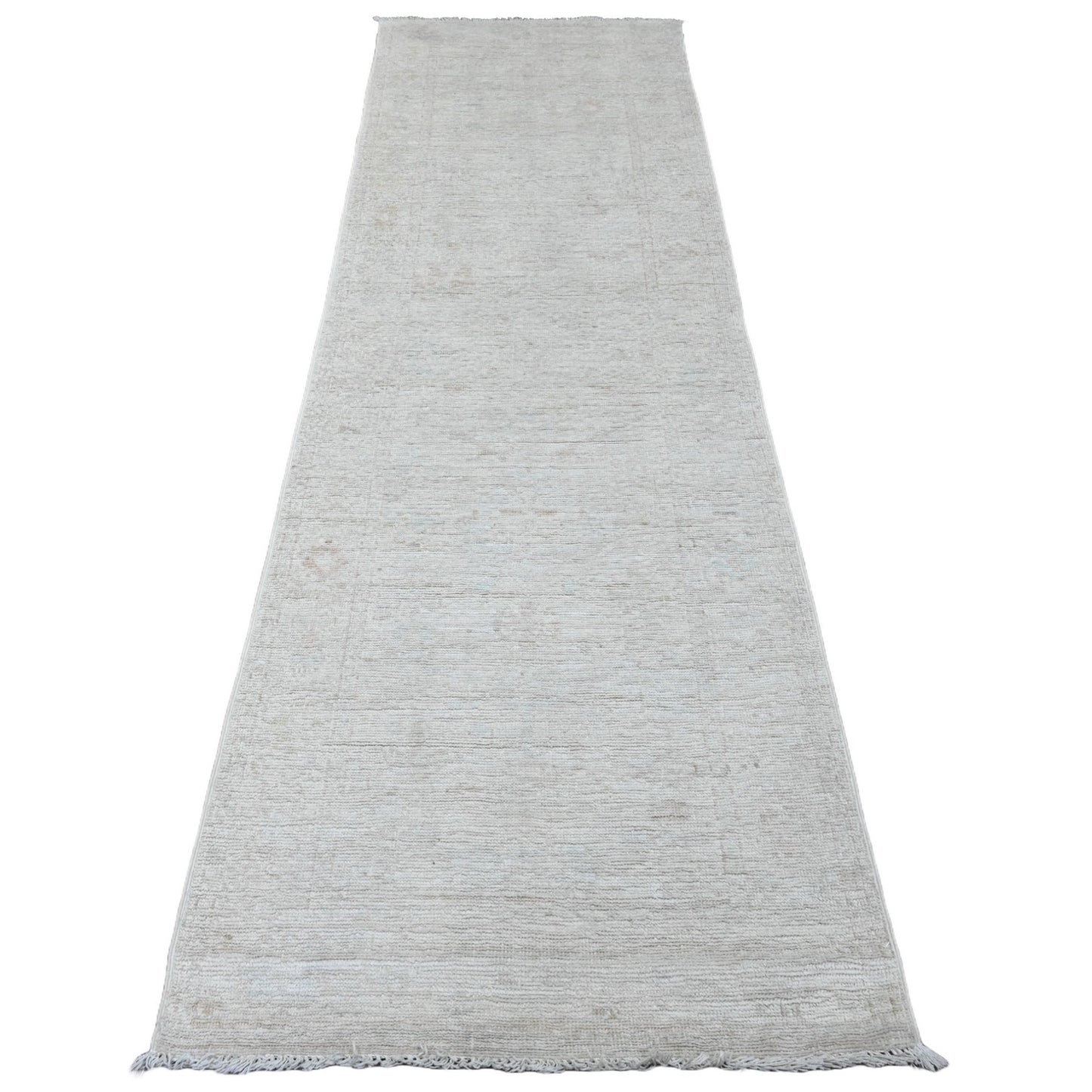 2'10"X9'7" White Afghan Angora Oushak Hand Knotted 100% Wool Runner Rug