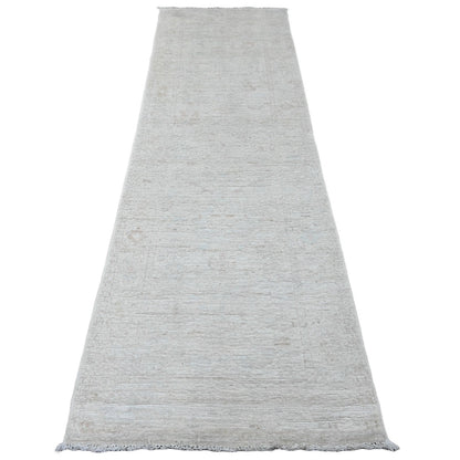 2'10"X9'7" White Afghan Angora Oushak Hand Knotted 100% Wool Runner Rug