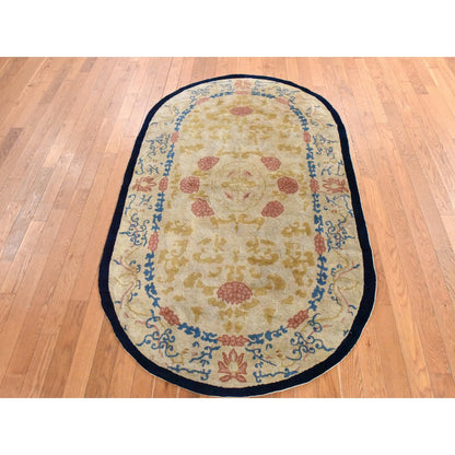 4'X6'9" Brown Antique Chinese Peking Oval Shape Wool Hand Knotted Rug