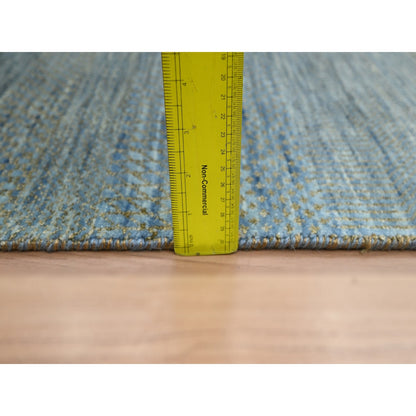 2'7"X12'3" Ensign Blue Wool And Silk Grass Design Hand Knotted Runner Rug