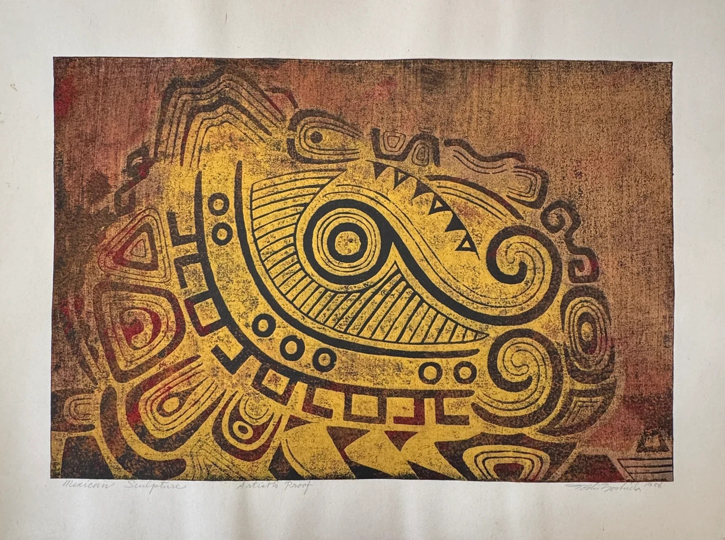 Toshi Yoshida "Mexican Sculpture" Signed Woodblock Print Rare Artist Proof 1956