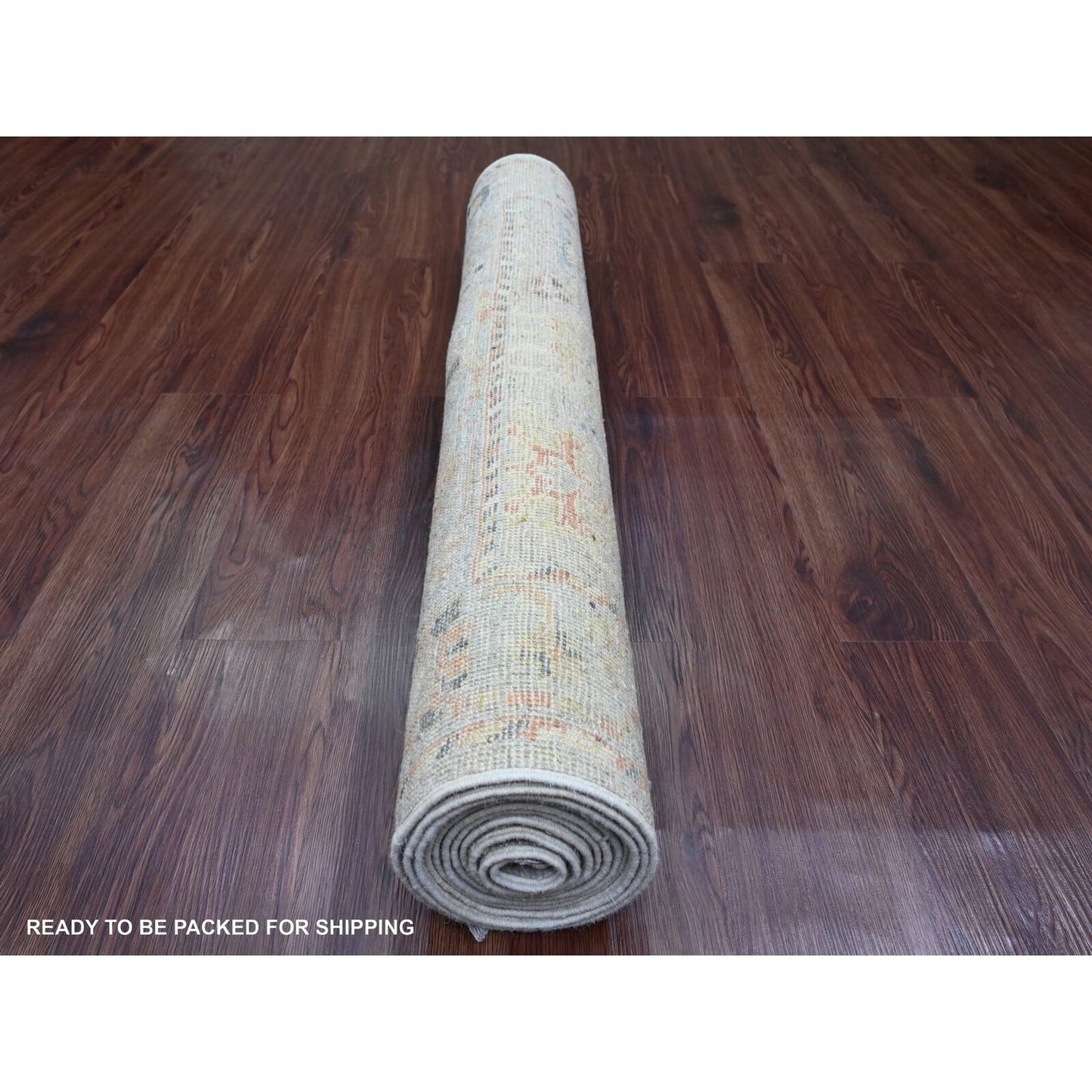 4'X11'4" Gray Hand Knotted Angora Oushak Floral Design Wool Runner Rug