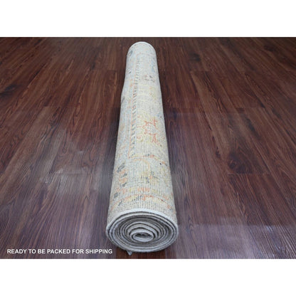 4'X11'4" Gray Hand Knotted Angora Oushak Floral Design Wool Runner Rug