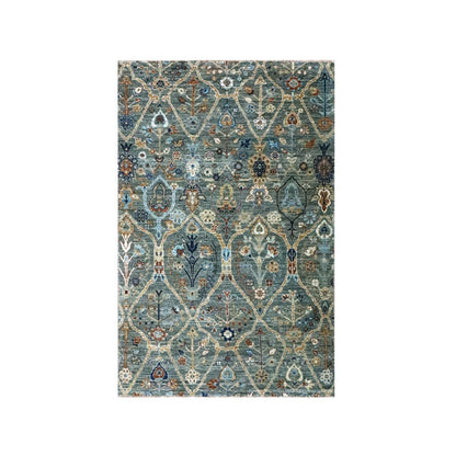 3'10"X6'1" Green Hand Knotted Wool Rug Trellis Borderless Garden Design