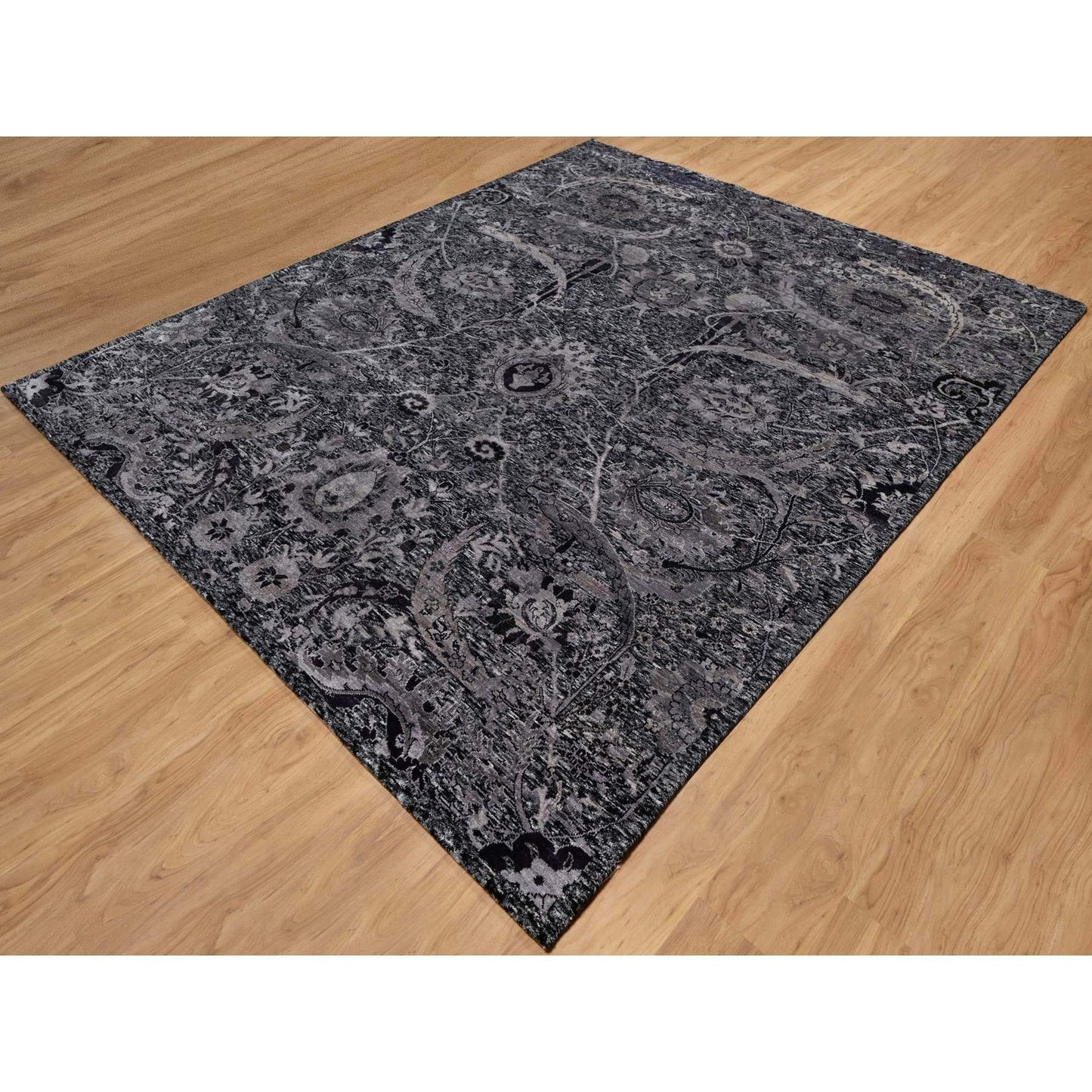8'1"X10' Black Lush And Plush Hand Knotted Leaf Design Wool And Silk Rug