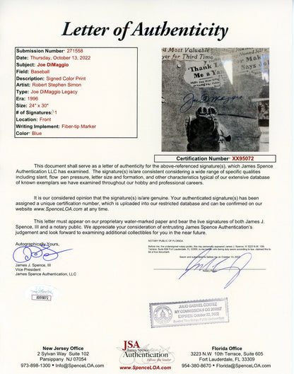 Joe Dimaggio Autographed Framed Poster (Jsa)