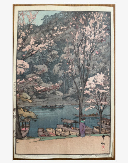 woodblock print of themes eight cherry blossom arashiyama by hiroshi yoshida 1935