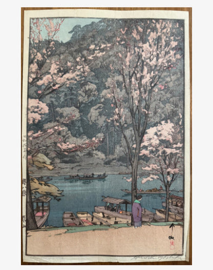 woodblock print of themes eight cherry blossom arashiyama by hiroshi yoshida 1935