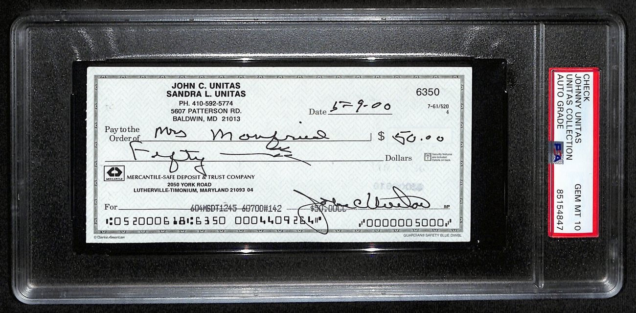 Johnny Unitas Hof Signed/Auto 2000 Bank Check Colts Psa/Dna Gem Mt 10 192624