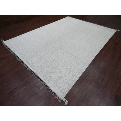 8'10"X12'2" White Moroccan Weave Line Design Hand Knotted Soft Wool Rug