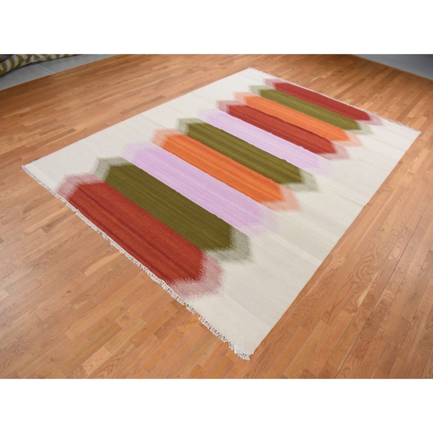 10'X14'8" Ivory Flat Weave Durie Kilim Hand Woven Wool Reversible Rug