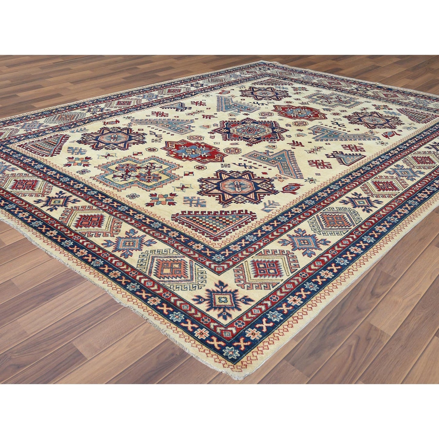 9'1"X11'7" Hand Knotted Ivory Afghan Special Kazak Natural Wool Rug