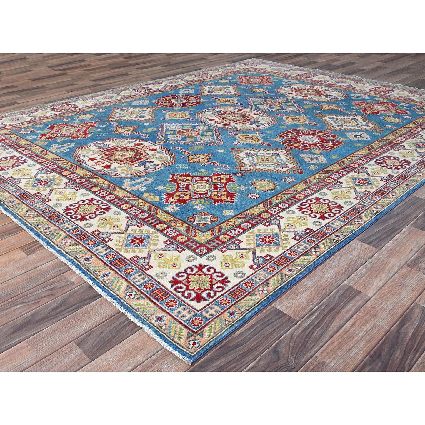 8'X10'1" Blue Soft Wool Kazak All Over Design Hand Knotted Oriental Rug