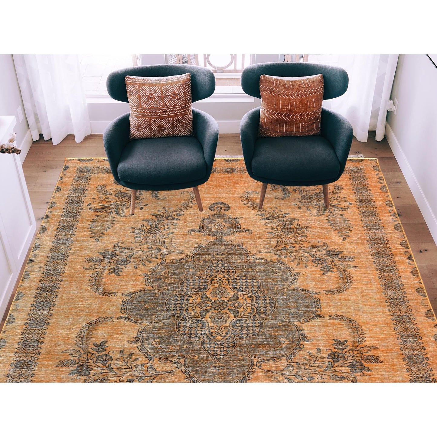 6'1"X9'6" Semi Antique Orange Farsian Tebraz Hand Knotted Clean Wool Rug