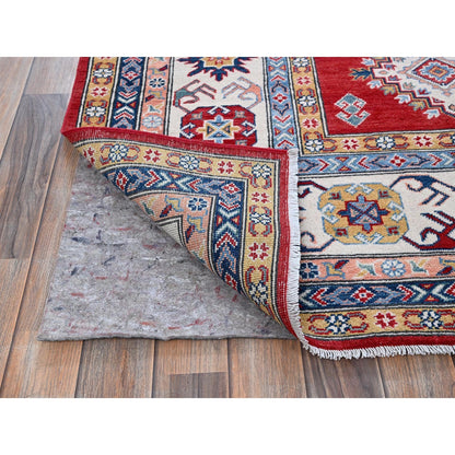 8'X11'3" Chili Red Kazak With Geometric Pattern Hand Knotted Soft Wool Rug