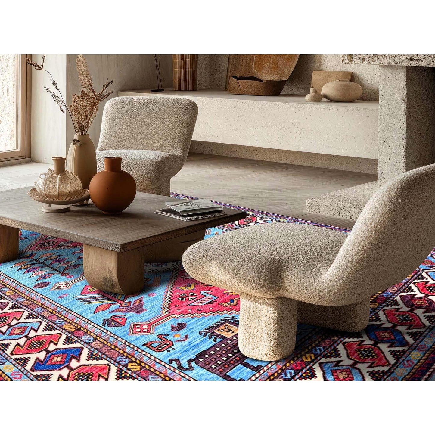 6'X8'1" Blue Afghan Caucasian Design Revival Hand Knotted Soft Wool Rug