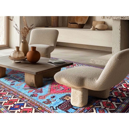 6'X8'1" Blue Afghan Caucasian Design Revival Hand Knotted Soft Wool Rug