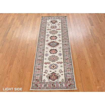 2'9"X8'3" Ivory Super Kazak Geometric Design Hand Knotted Wool Runner Rug