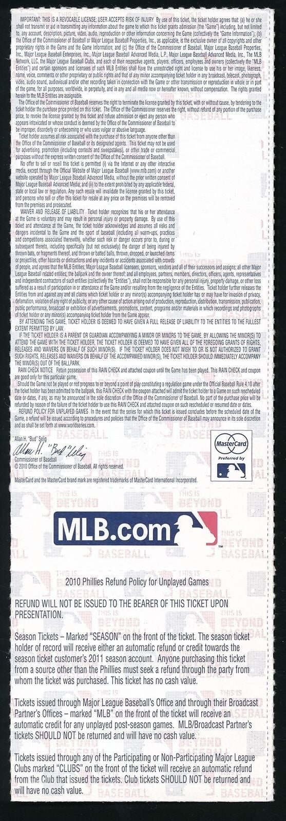 2010 Nlds Game 1 Phillies Vs. Reds Full Ticket Roy Halladay No-Hitter 177147