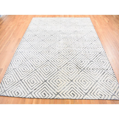 9'X12' Ivory Roman Key Squares Design Hand Knotted Silk With Wool Rug